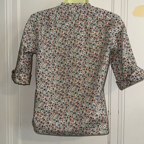 Vintage 60s Shapely Tan Floral Print Collarless Short Sleeve Cotton Shirt - Picture 6 of 8